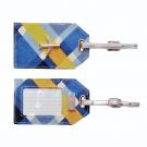 plaid luggage tag in harbor